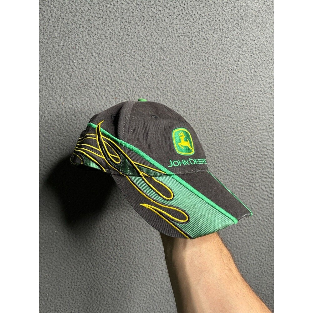 Vintage Y2K John Deere Dad Hat Cap Green Flames Strap-back Cyber Grunge